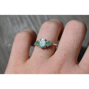 Light green emerald and green tourmaline ring, raw stone rings, alternative enga